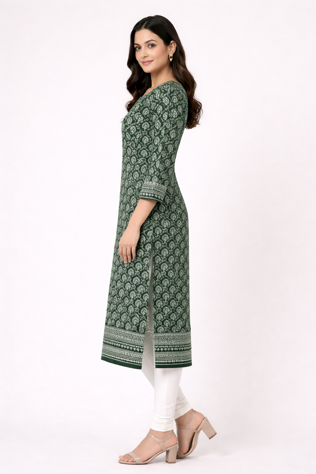 Green Printed Cotton Straight Kurta for Women with 3/4 Sleeves