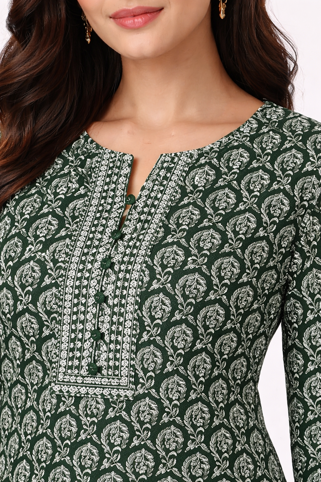 Green Printed Cotton Straight Kurta for Women with 3/4 Sleeves