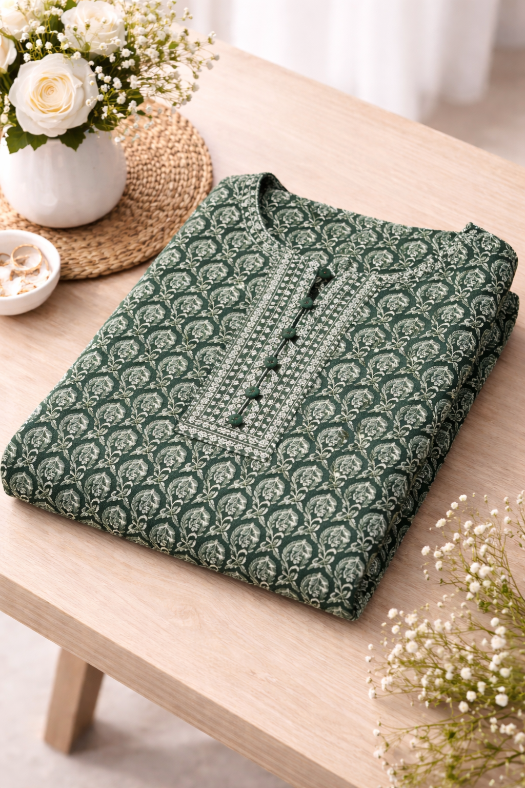 Green Printed Cotton Straight Kurta for Women with 3/4 Sleeves