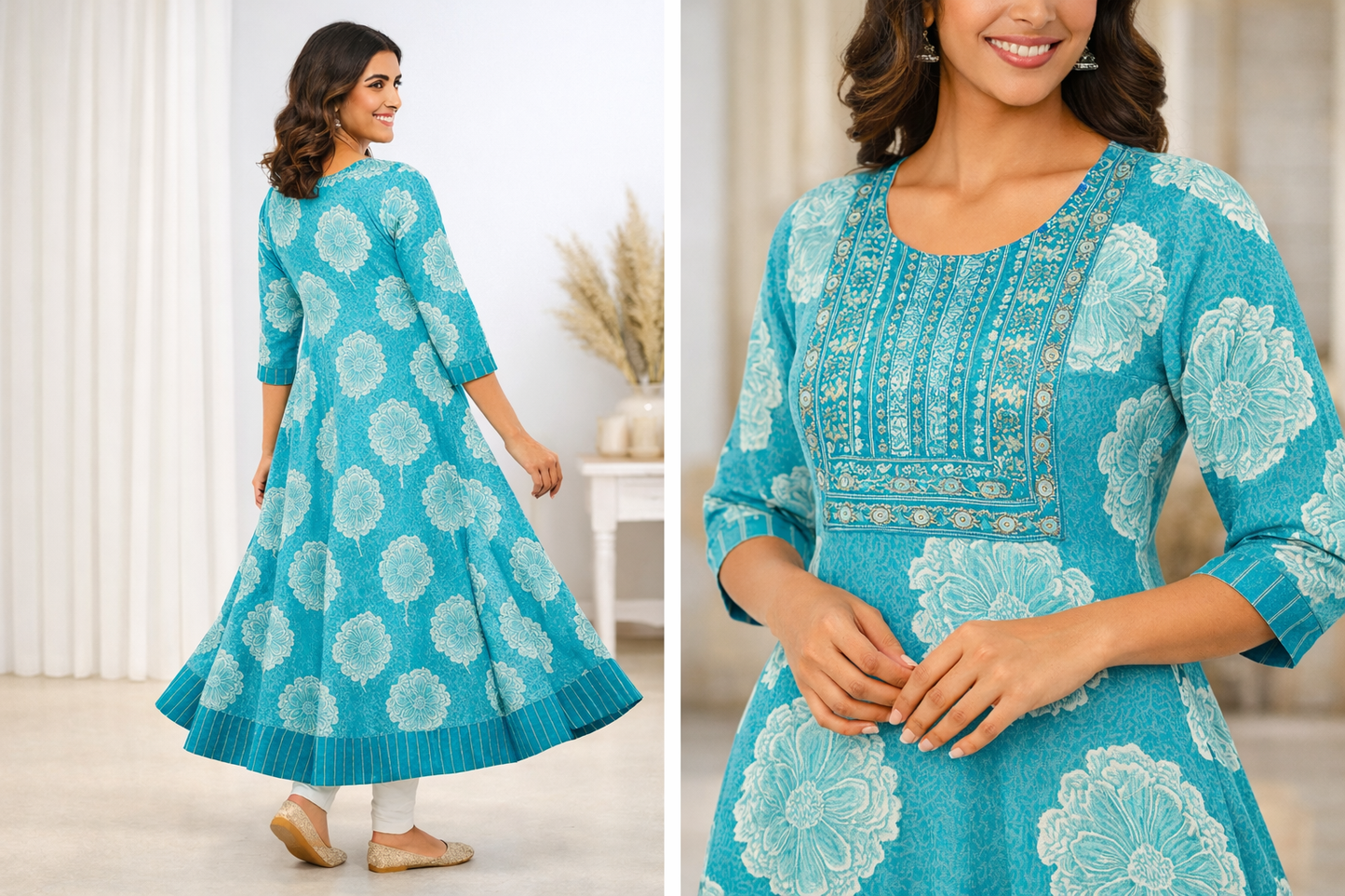 Blue Floral Printed Cotton Anarkali Kurta for Women with 3/4 Sleeves