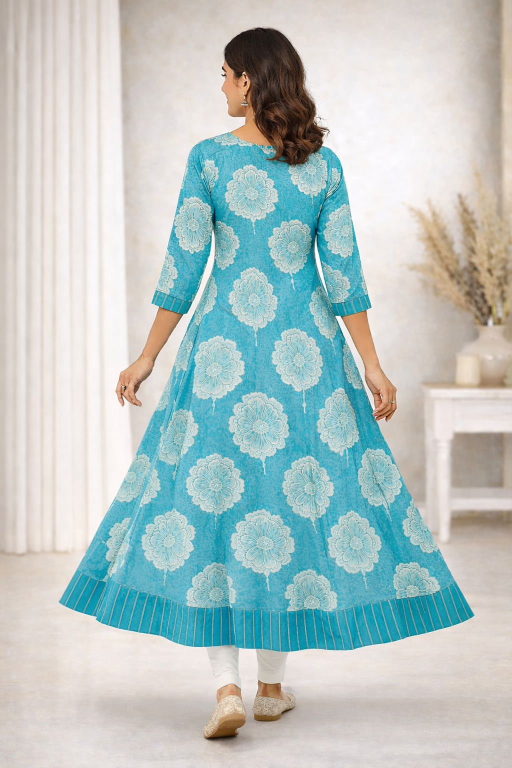 Blue Floral Printed Cotton Anarkali Kurta for Women with 3/4 Sleeves