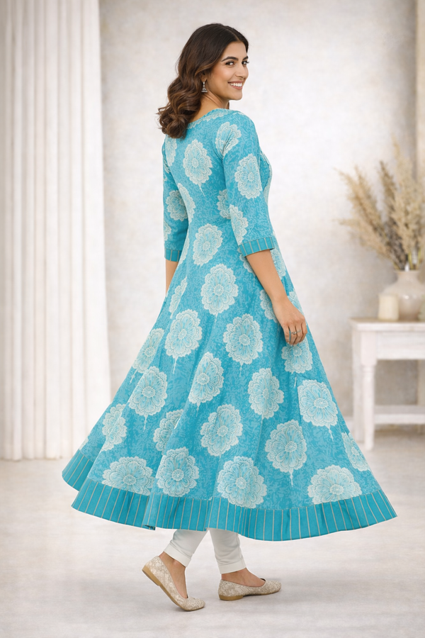 Blue Floral Printed Cotton Anarkali Kurta for Women with 3/4 Sleeves