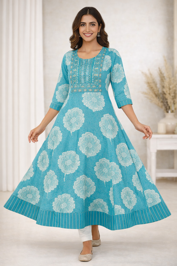 Blue Floral Printed Cotton Anarkali Kurta for Women with 3/4 Sleeves