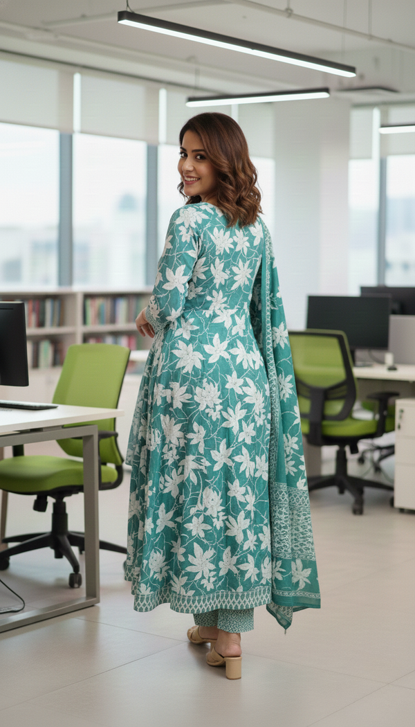 Teal Green Floral Printed Cotton Kurta Set for Women with Dupatta