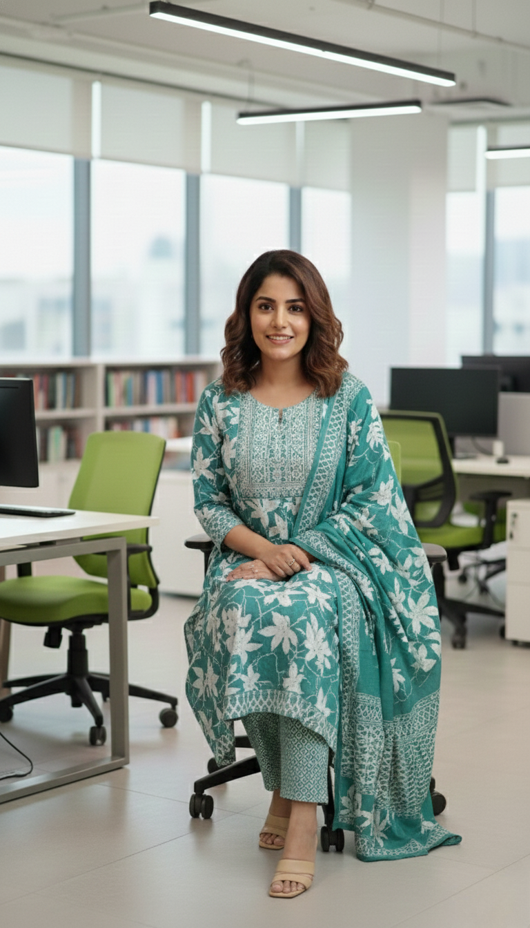 Teal Green Floral Printed Cotton Kurta Set for Women with Dupatta