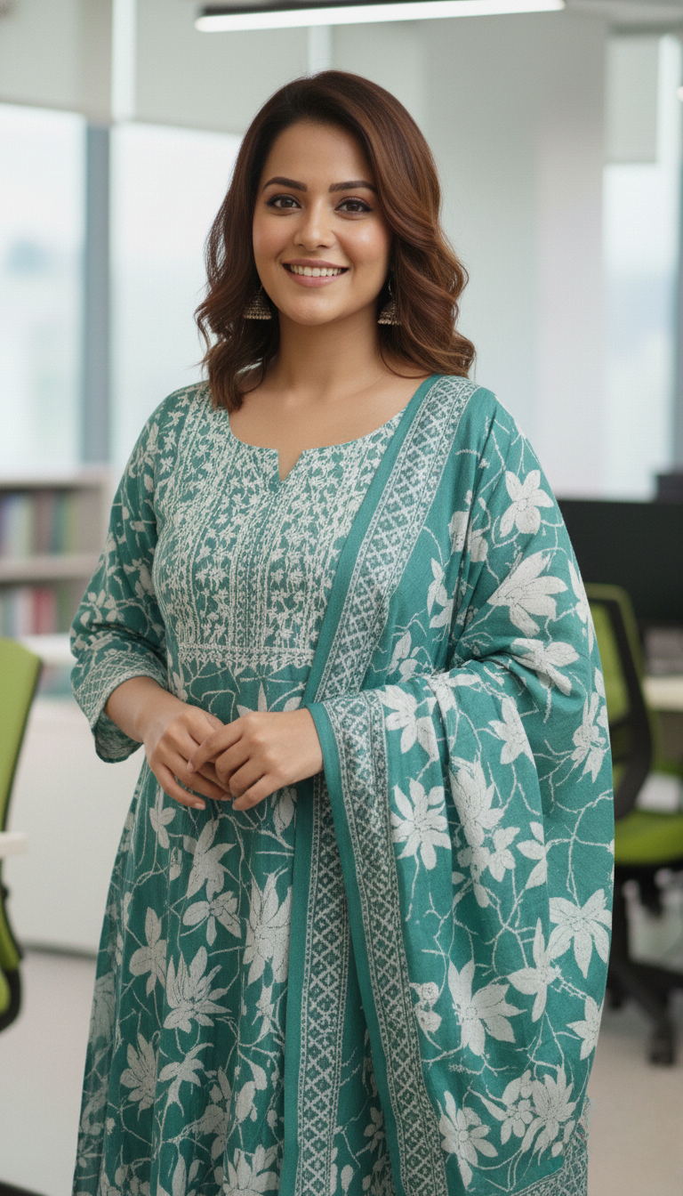 Teal Green Floral Printed Cotton Kurta Set for Women with Dupatta