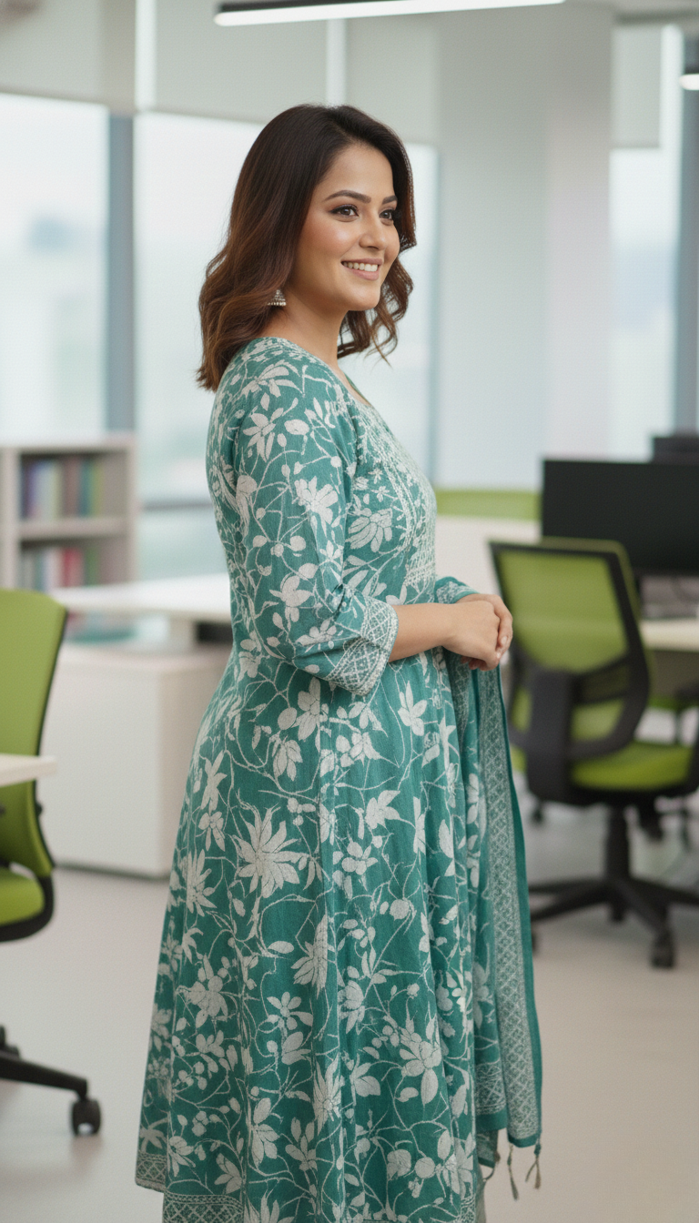 Teal Green Floral Printed Cotton Kurta Set for Women with Dupatta