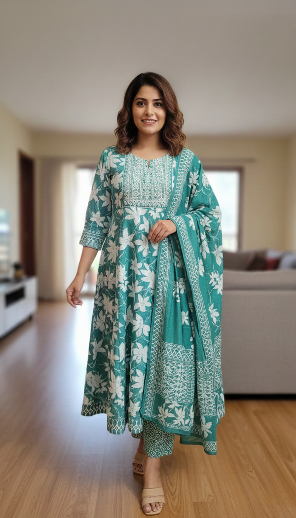 Teal Green Floral Printed Cotton Kurta Set for Women with Dupatta