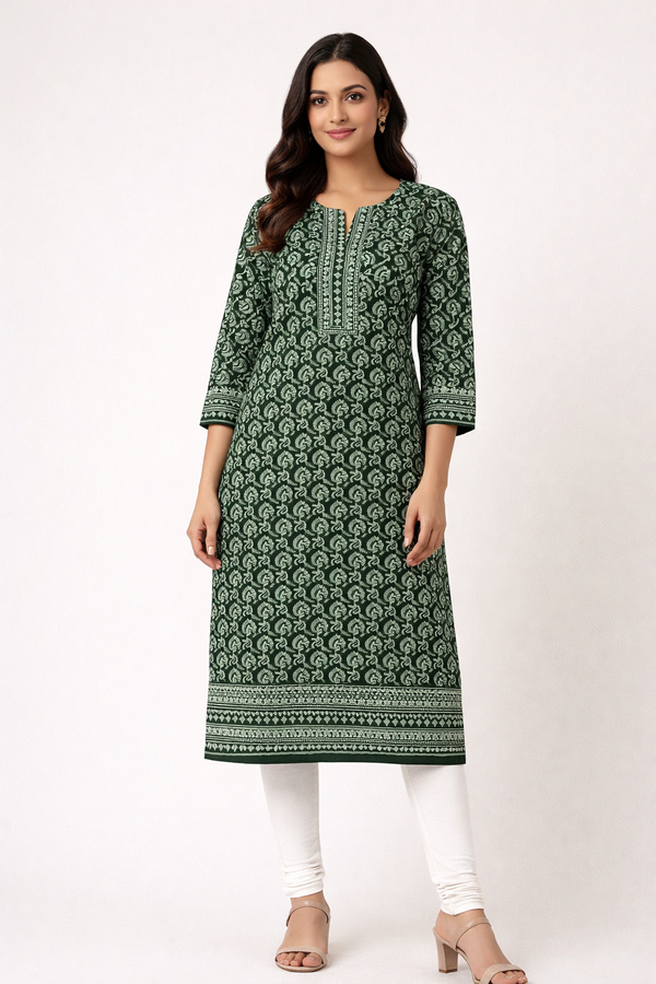 Green Printed Cotton Straight Kurta for Women with 3/4 Sleeves