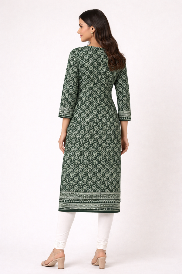 Green Printed Cotton Straight Kurta for Women with 3/4 Sleeves