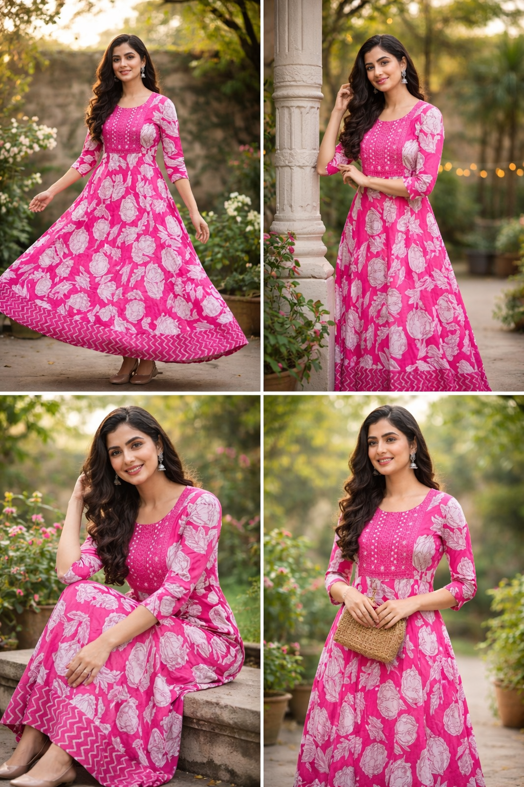 Pink Floral Printed Cotton Anarkali Kurta for Women with 3/4 Sleeves