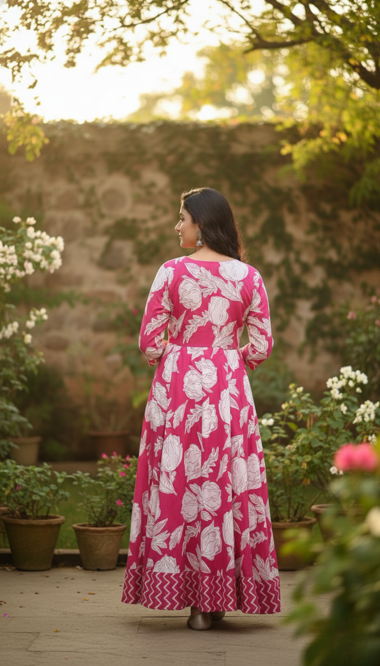 Pink Floral Printed Cotton Anarkali Kurta for Women with 3/4 Sleeves