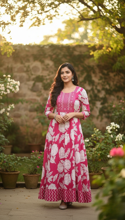 Pink Floral Printed Cotton Anarkali Kurta for Women with 3/4 Sleeves