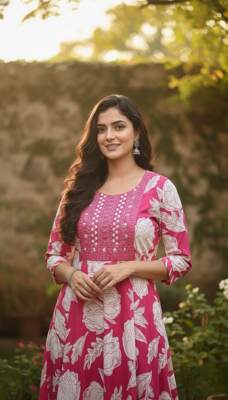 Pink Floral Printed Cotton Anarkali Kurta for Women with 3/4 Sleeves