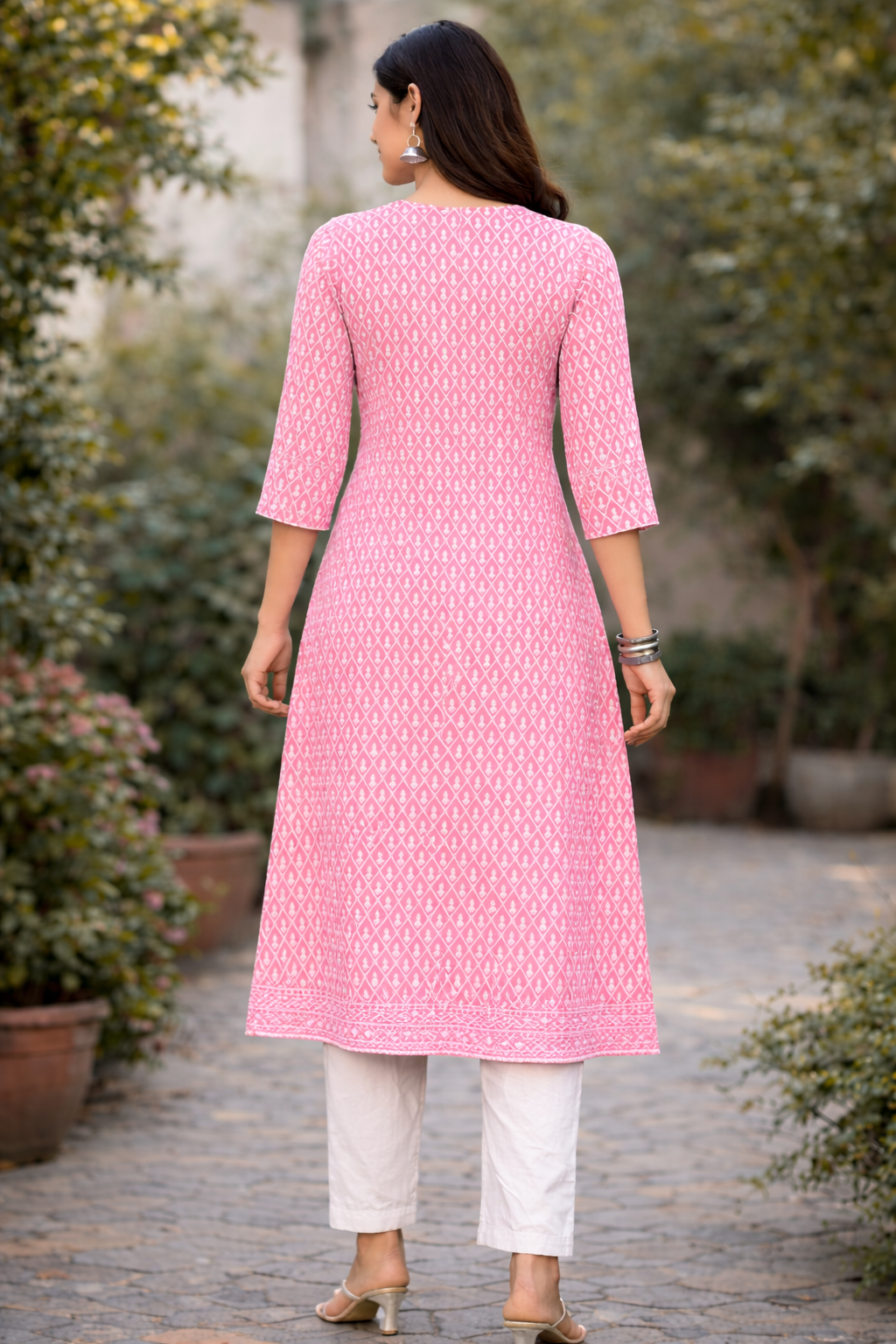 Pink Cotton Straight Kurta for Women with Dhaga Work & 3/4 Sleeves