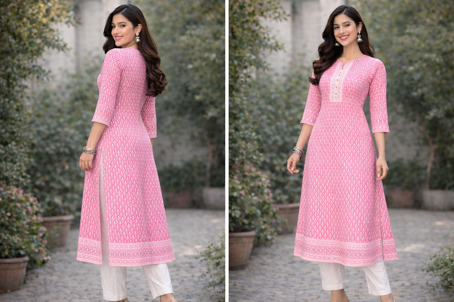 Pink Cotton Straight Kurta for Women with Dhaga Work & 3/4 Sleeves