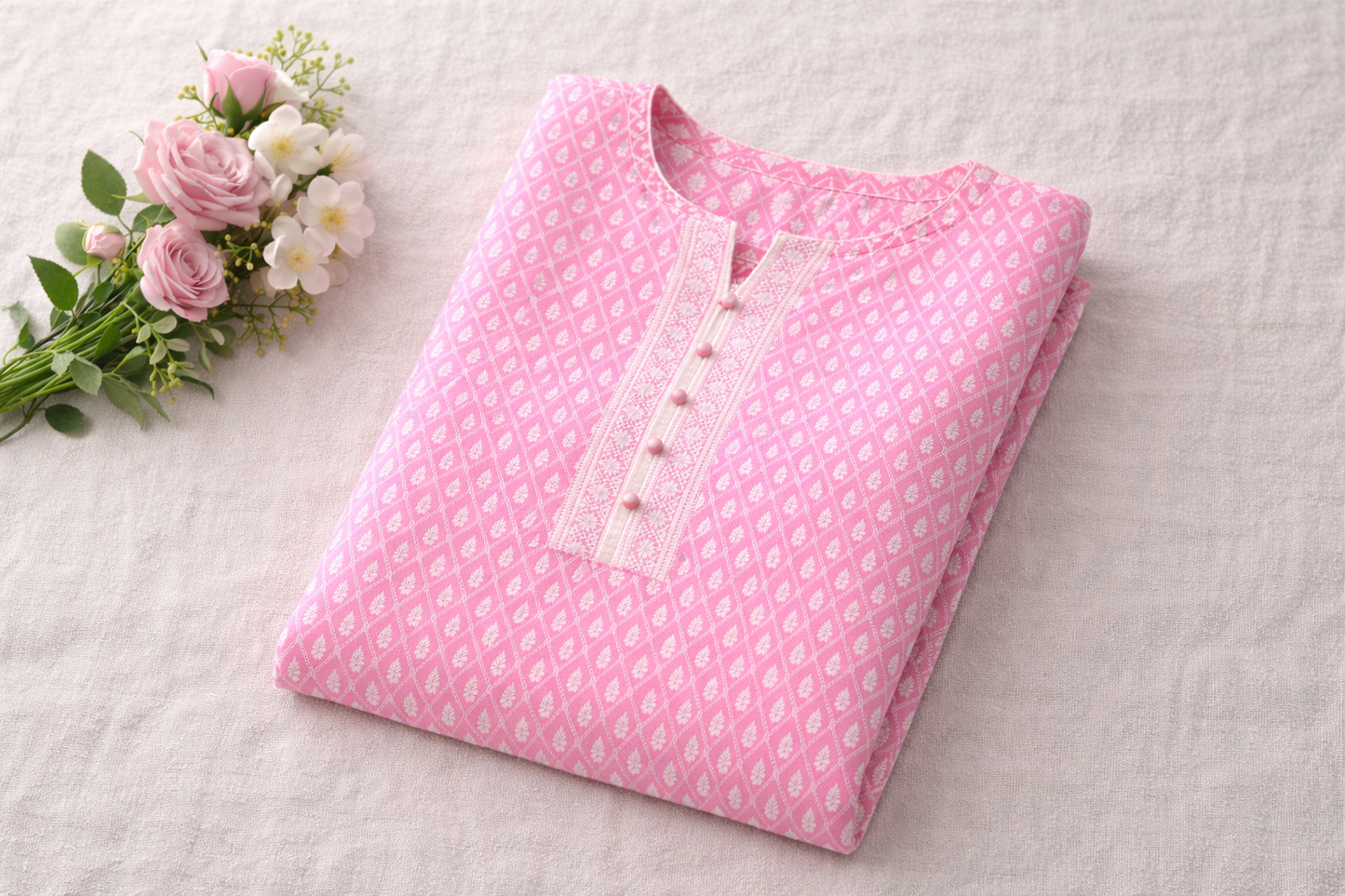 Pink Cotton Straight Kurta for Women with Dhaga Work & 3/4 Sleeves