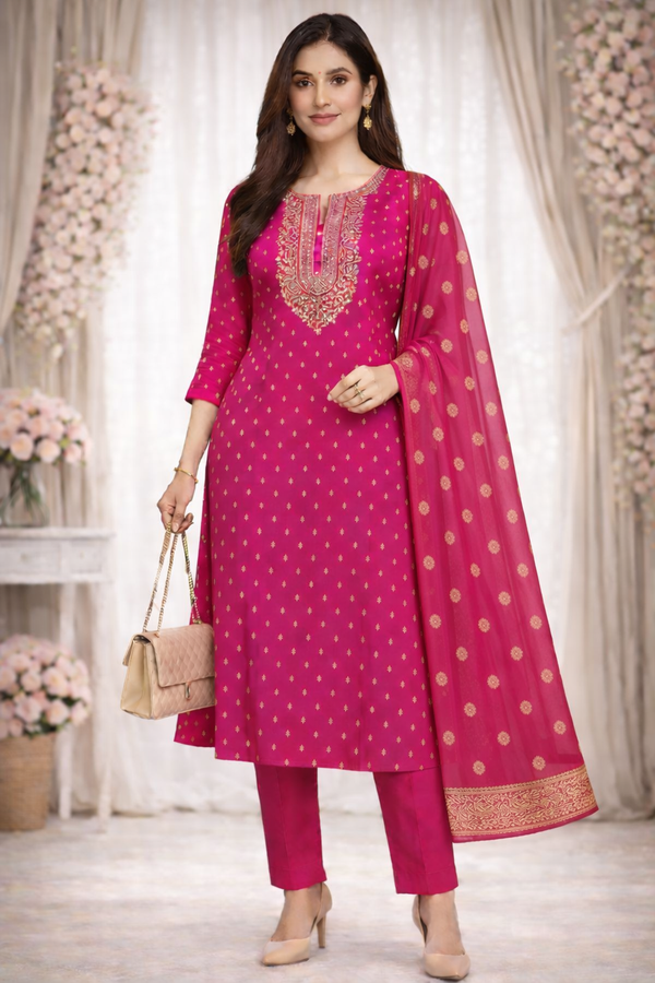 Rani Pink Embroidered Kurta Set for Women with Dupatta & Pant