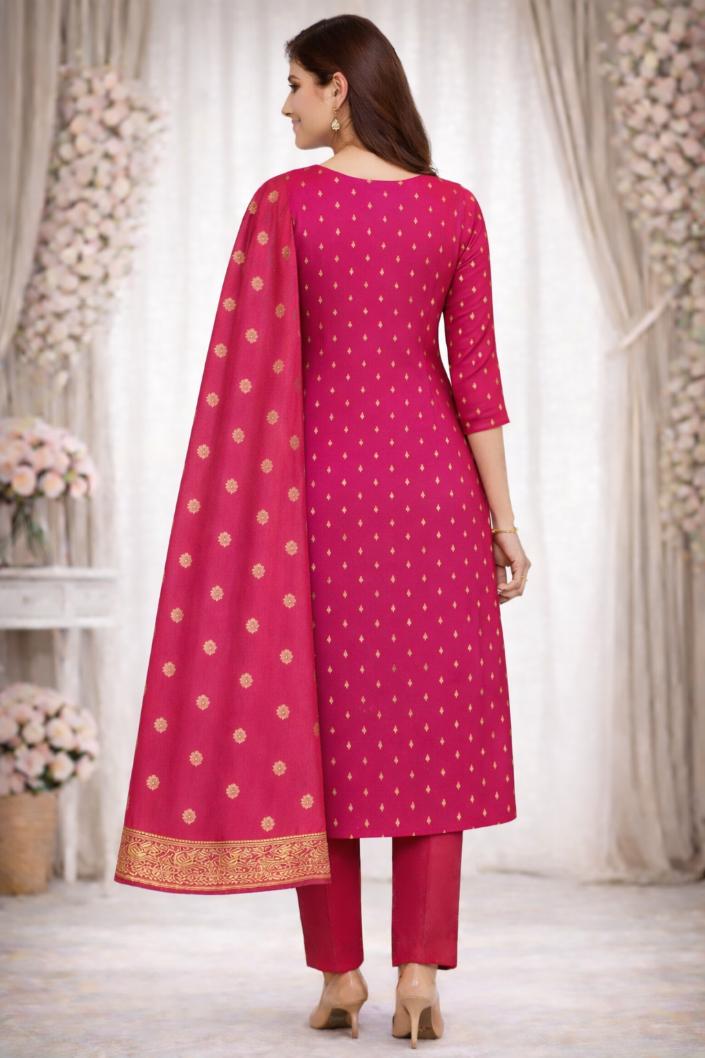 Rani Pink Embroidered Kurta Set for Women with Dupatta & Pant