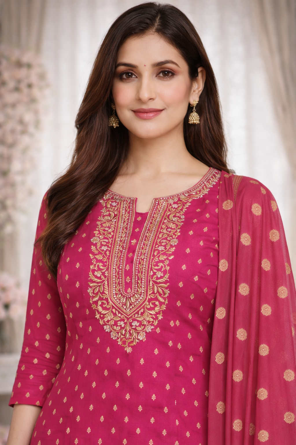 Rani Pink Embroidered Kurta Set for Women with Dupatta & Pant