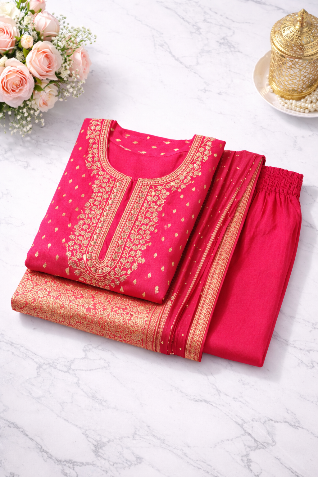 Rani Pink Embroidered Kurta Set for Women with Dupatta & Pant