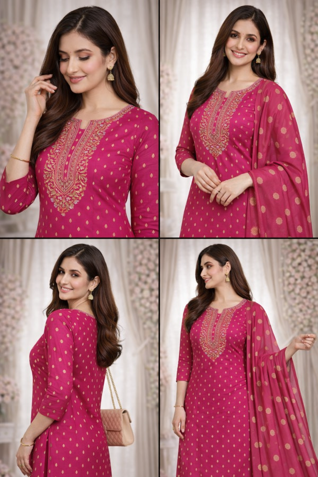 Rani Pink Embroidered Kurta Set for Women with Dupatta & Pant