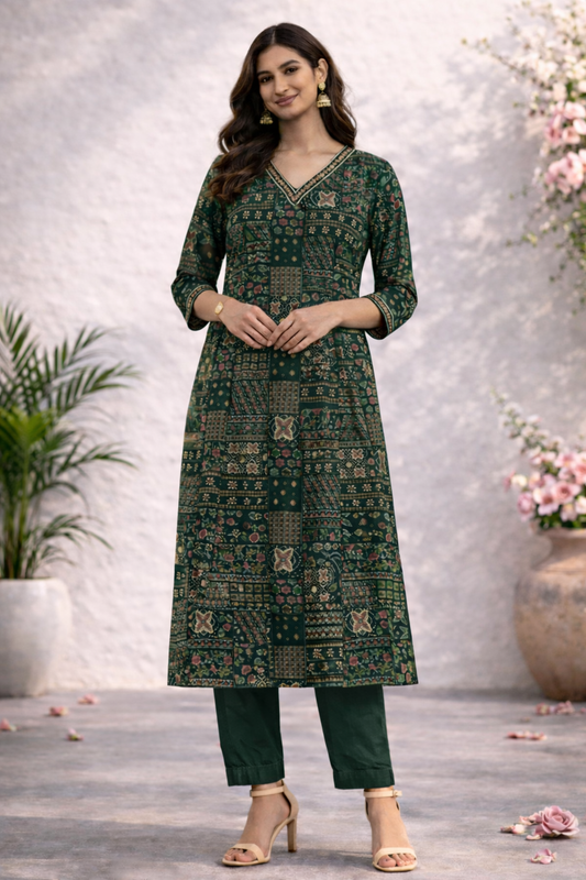 Filmifashion Women Printed Straight Kurta Pant Set | Cotton Blend Ethnic Wear | 3/4 Sleeve V-Neck Kurti Set