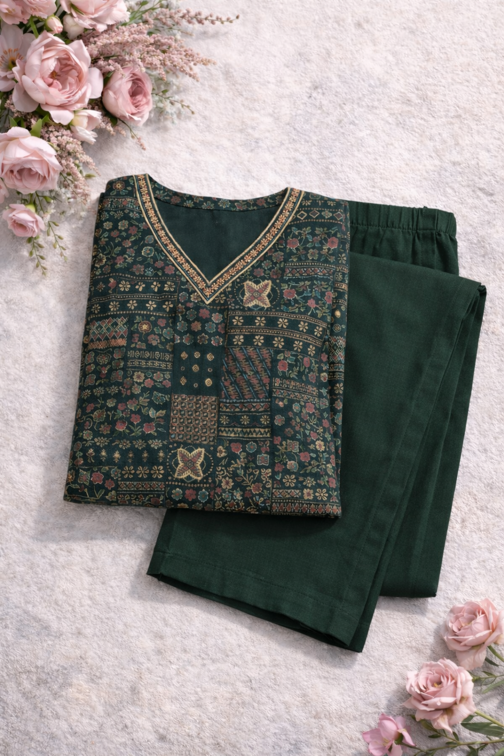Filmifashion Women Printed Straight Kurta Pant Set | Cotton Blend Ethnic Wear | 3/4 Sleeve V-Neck Kurti Set
