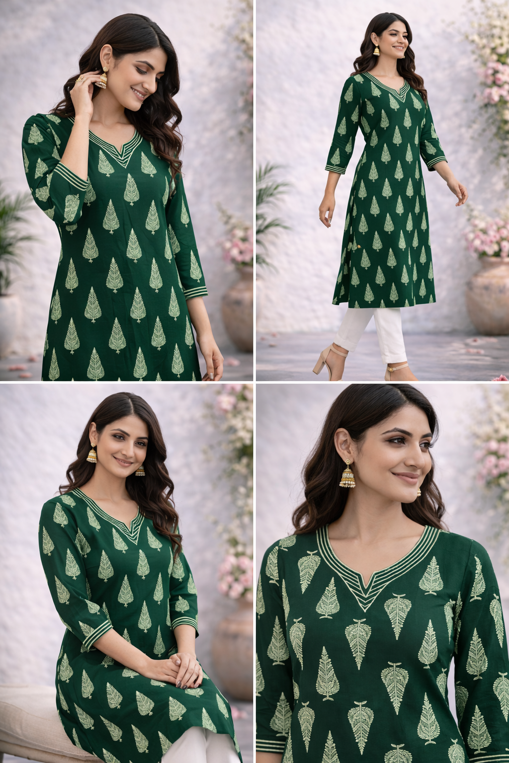 Filmifashion Women Green Printed Straight Kurta | V-Neck 3/4 Sleeve Casual & Ethnic Wear Kurti