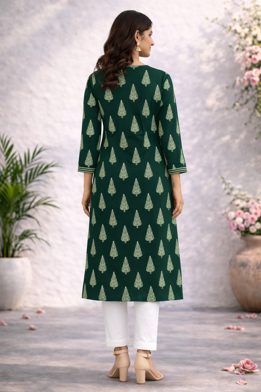 Filmifashion Women Green Printed Straight Kurta | V-Neck 3/4 Sleeve Casual & Ethnic Wear Kurti