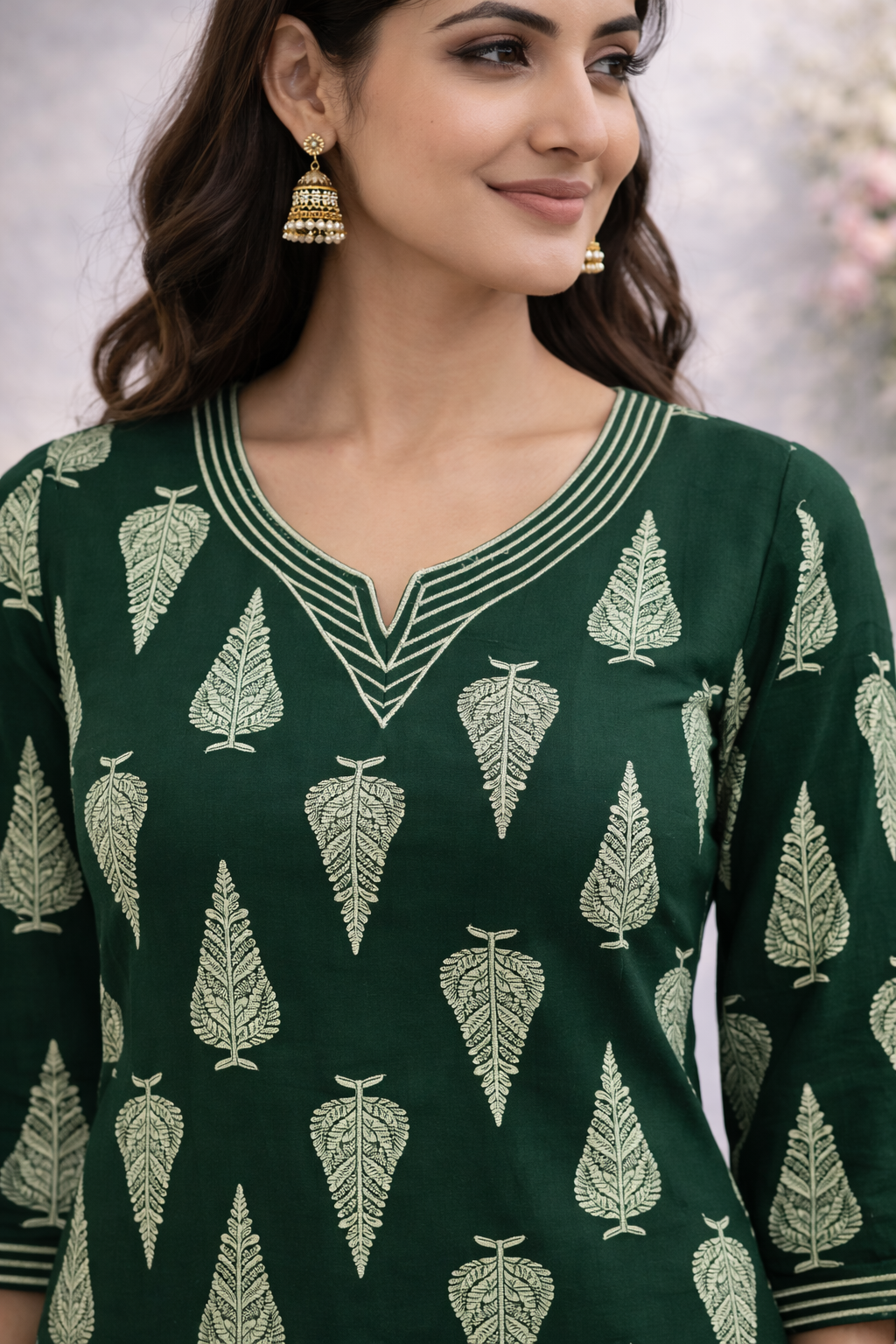 Filmifashion Women Green Printed Straight Kurta | V-Neck 3/4 Sleeve Casual & Ethnic Wear Kurti