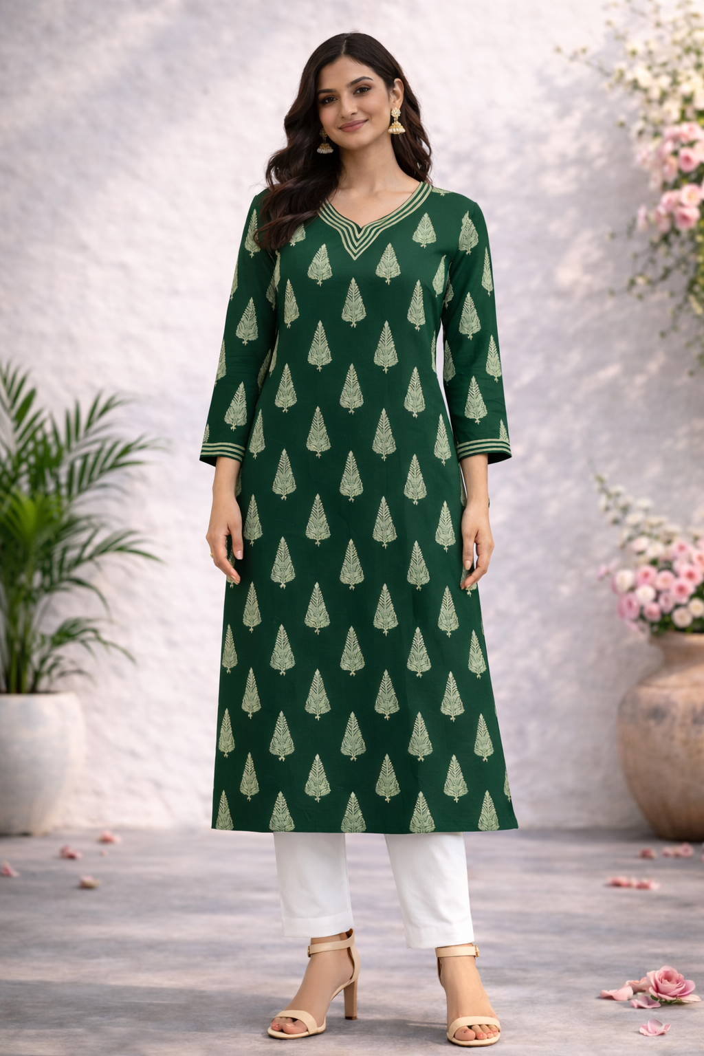 Filmifashion Women Green Printed Straight Kurta | V-Neck 3/4 Sleeve Casual & Ethnic Wear Kurti
