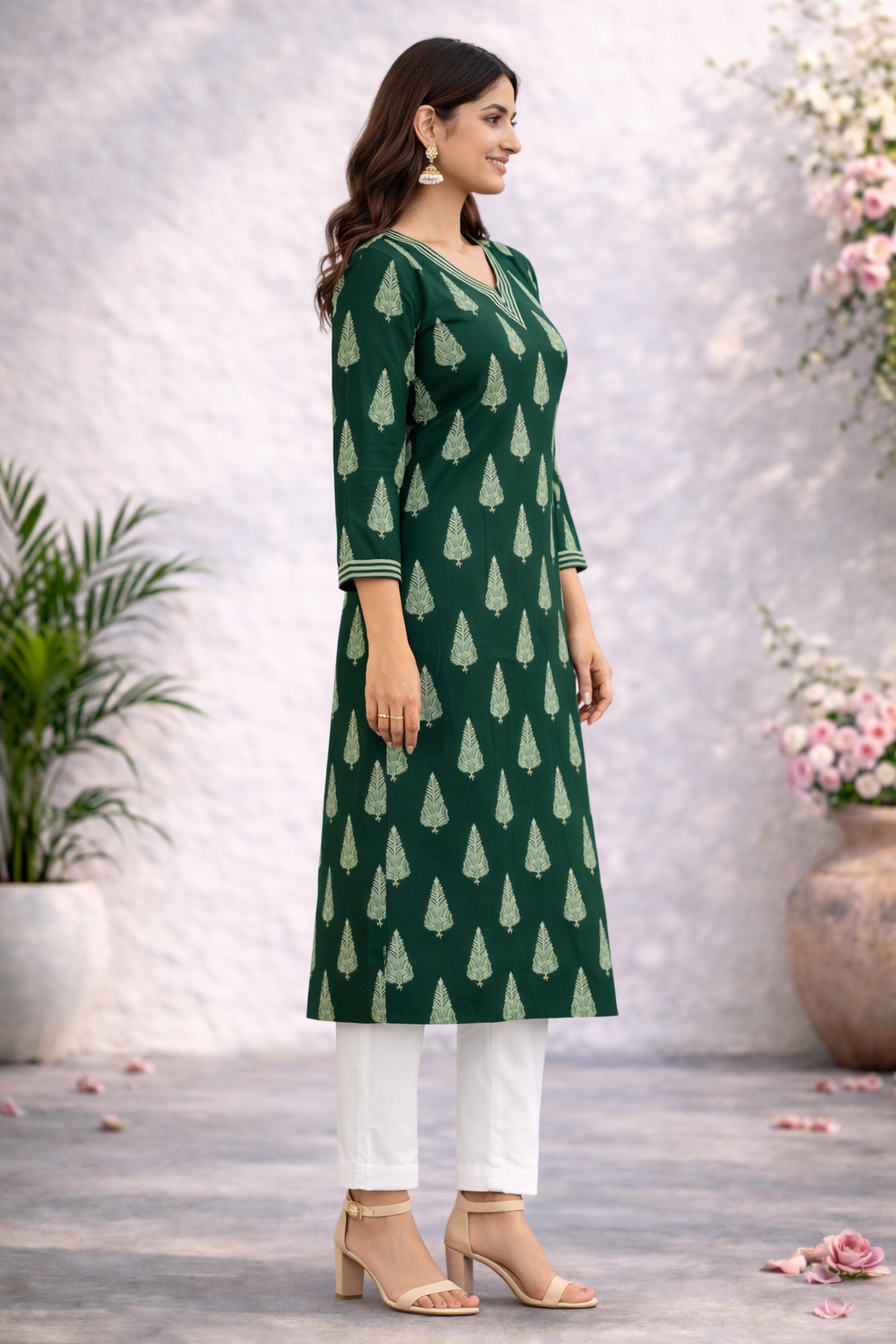 Filmifashion Women Green Printed Straight Kurta | V-Neck 3/4 Sleeve Casual & Ethnic Wear Kurti