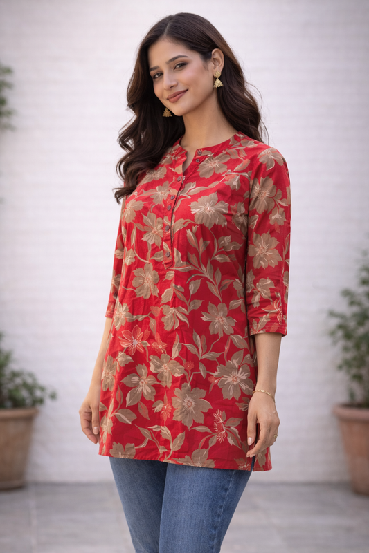 Filmifashion Women Floral Printed Short Kurta | Mandarin Neck Casual Top | Stylish Western Wear Top