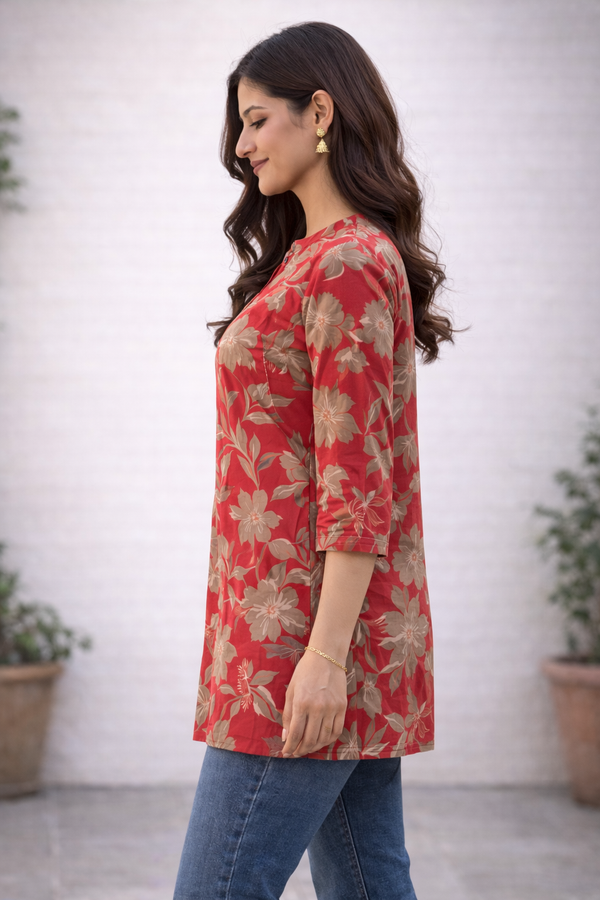 Filmifashion Women Floral Printed Short Kurta | Mandarin Neck Casual Top | Stylish Western Wear Top