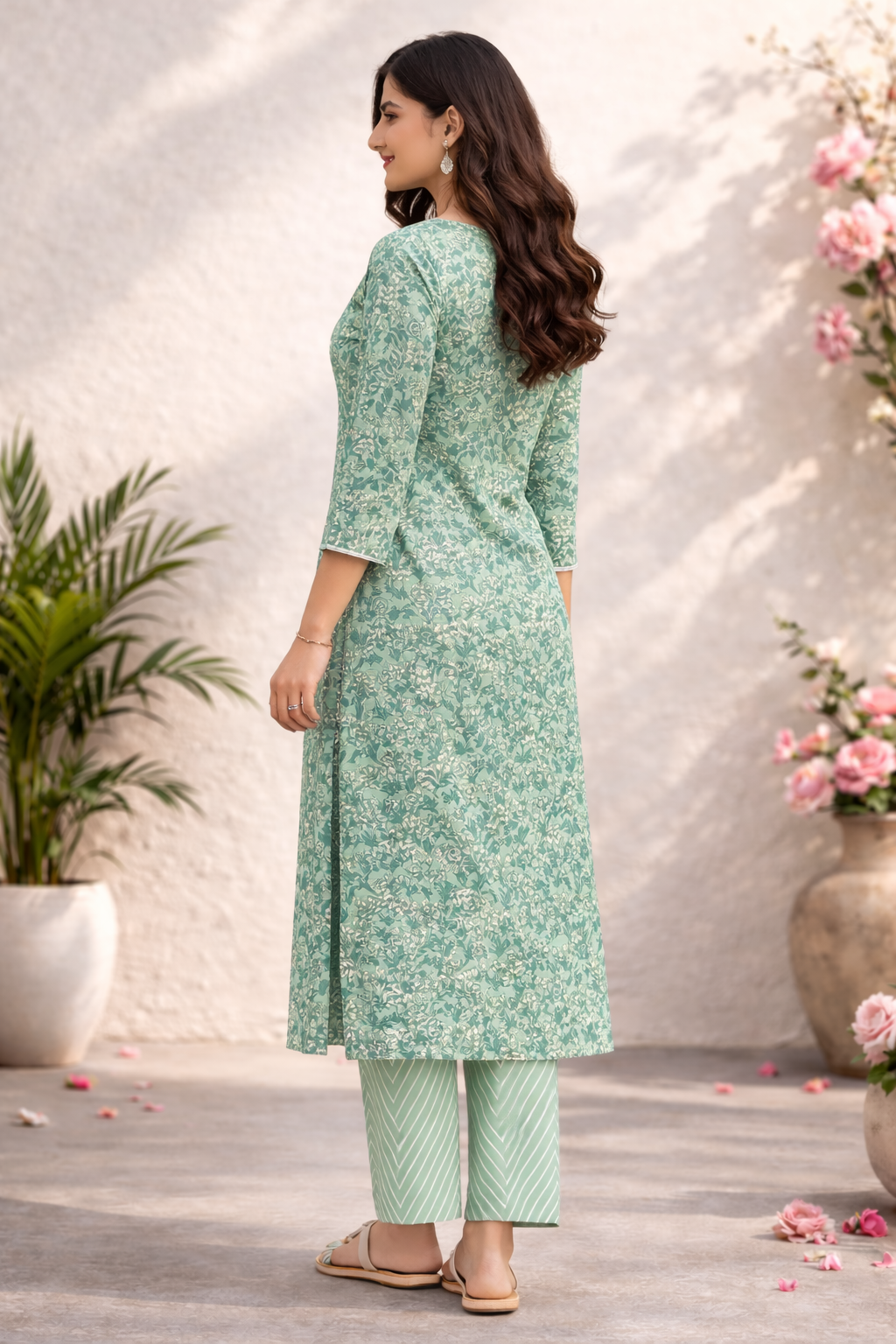 Filmifashion Women Printed Kurta Pant Dupatta Set | Cotton Blend Ethnic Set | Sea Green Floral Kurti Set