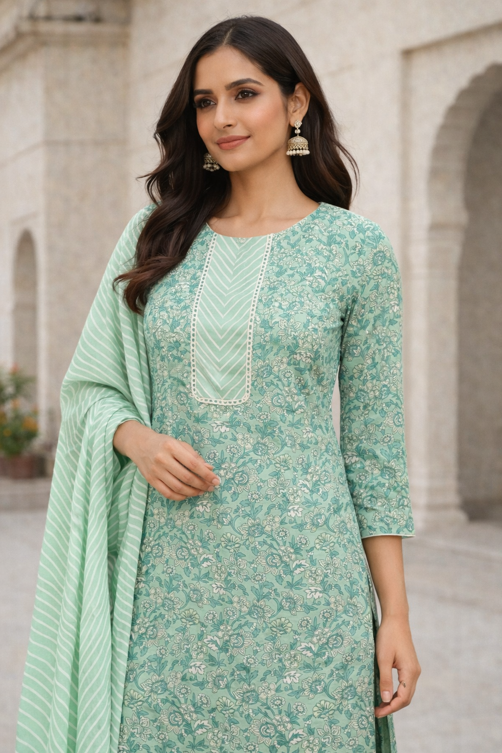 Filmifashion Women Printed Kurta Pant Dupatta Set | Cotton Blend Ethnic Set | Sea Green Floral Kurti Set