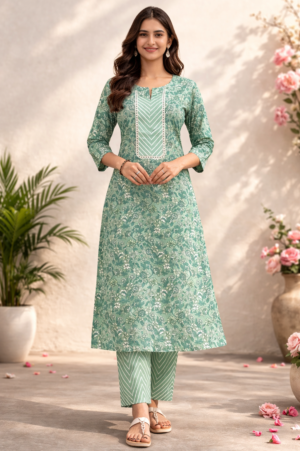 Filmifashion Women Printed Kurta Pant Dupatta Set | Cotton Blend Ethnic Set | Sea Green Floral Kurti Set