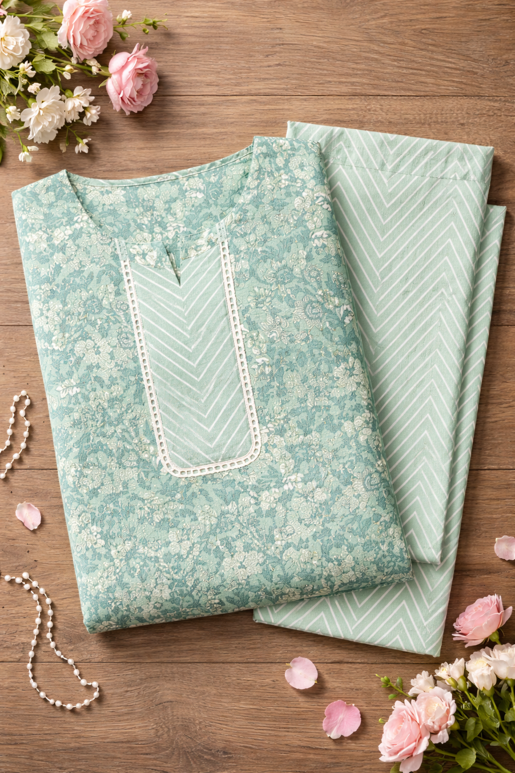 Filmifashion Women Printed Kurta Pant Dupatta Set | Cotton Blend Ethnic Set | Sea Green Floral Kurti Set