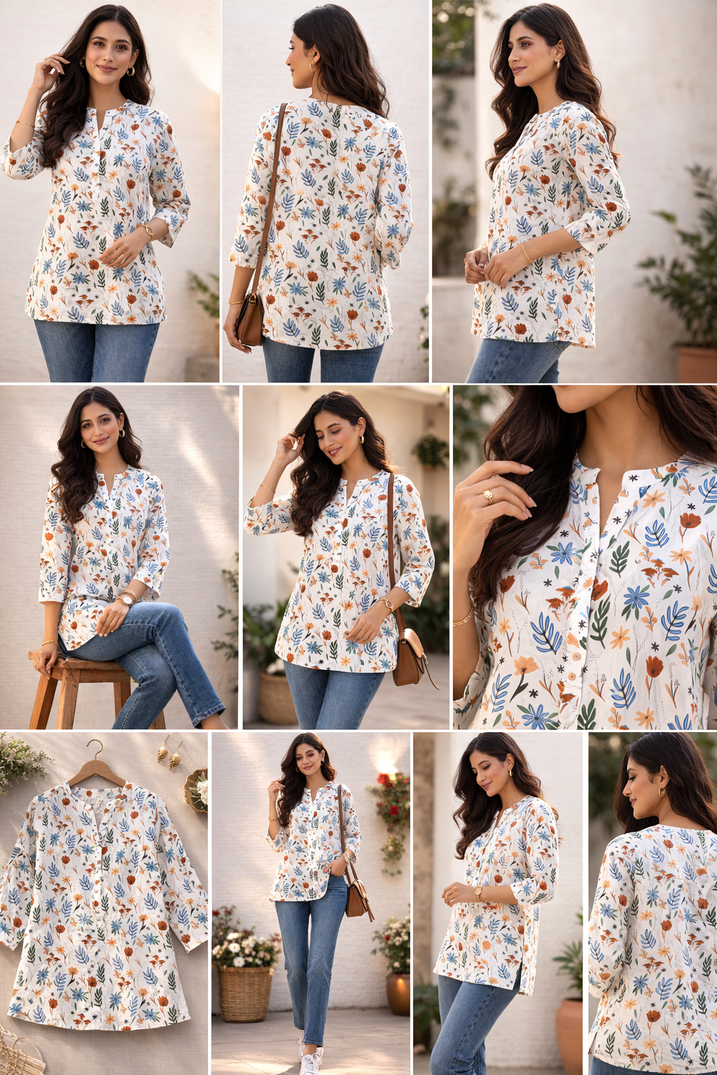 Filmifashion Women Floral Printed Short Kurta | Mandarin Neck Casual Top | Stylish Western Wear Top