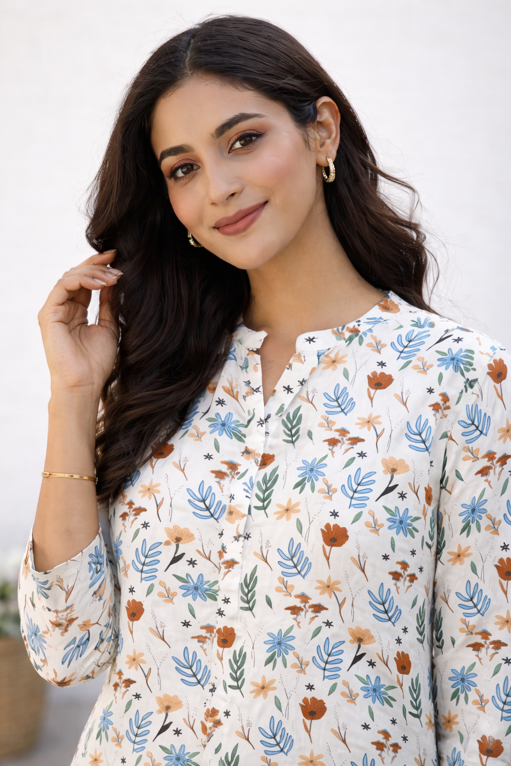 Filmifashion Women Floral Printed Short Kurta | Mandarin Neck Casual Top | Stylish Western Wear Top