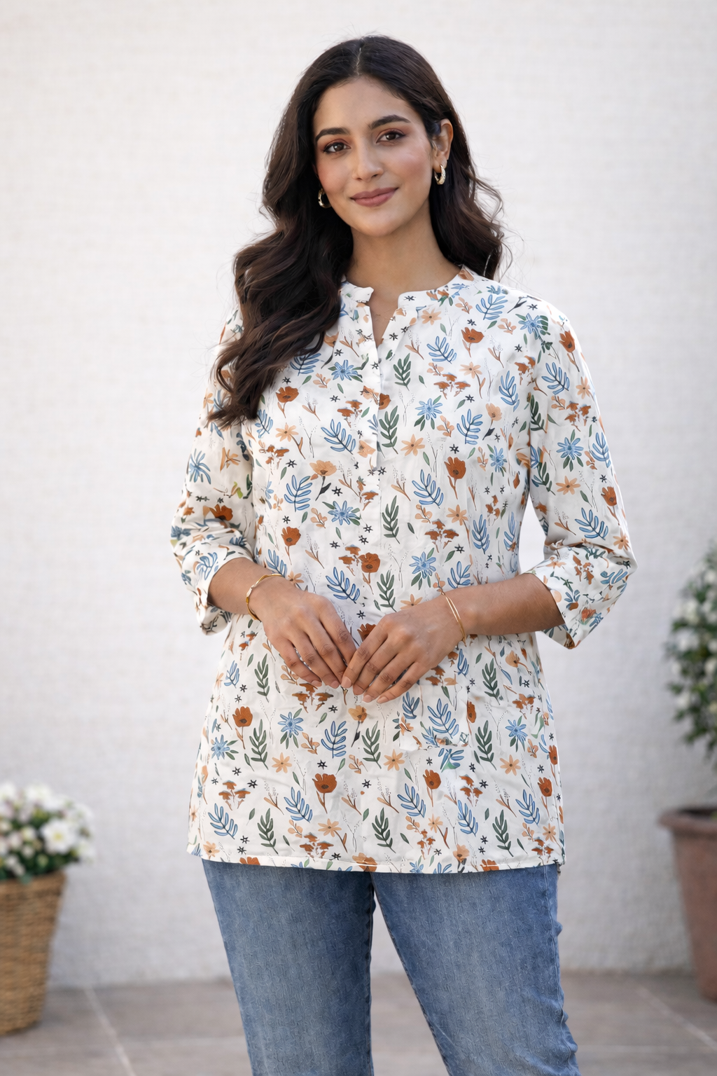 Filmifashion Women Floral Printed Short Kurta | Mandarin Neck Casual Top | Stylish Western Wear Top