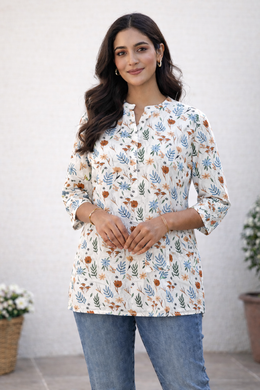 Filmifashion Women Floral Printed Short Kurta | Mandarin Neck Casual Top | Stylish Western Wear Top