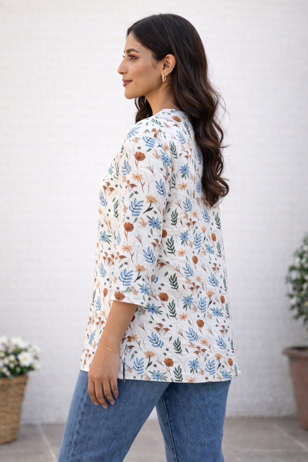 Filmifashion Women Floral Printed Short Kurta | Mandarin Neck Casual Top | Stylish Western Wear Top