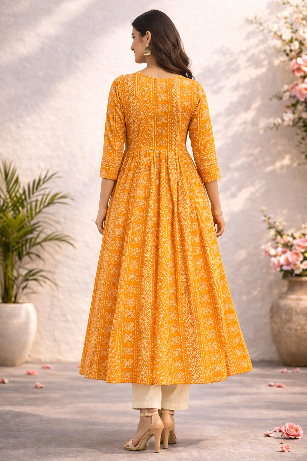 Women Yellow Printed Anarkali Kurta with Pants Set | Ethnic Wear Kurta Set for Women