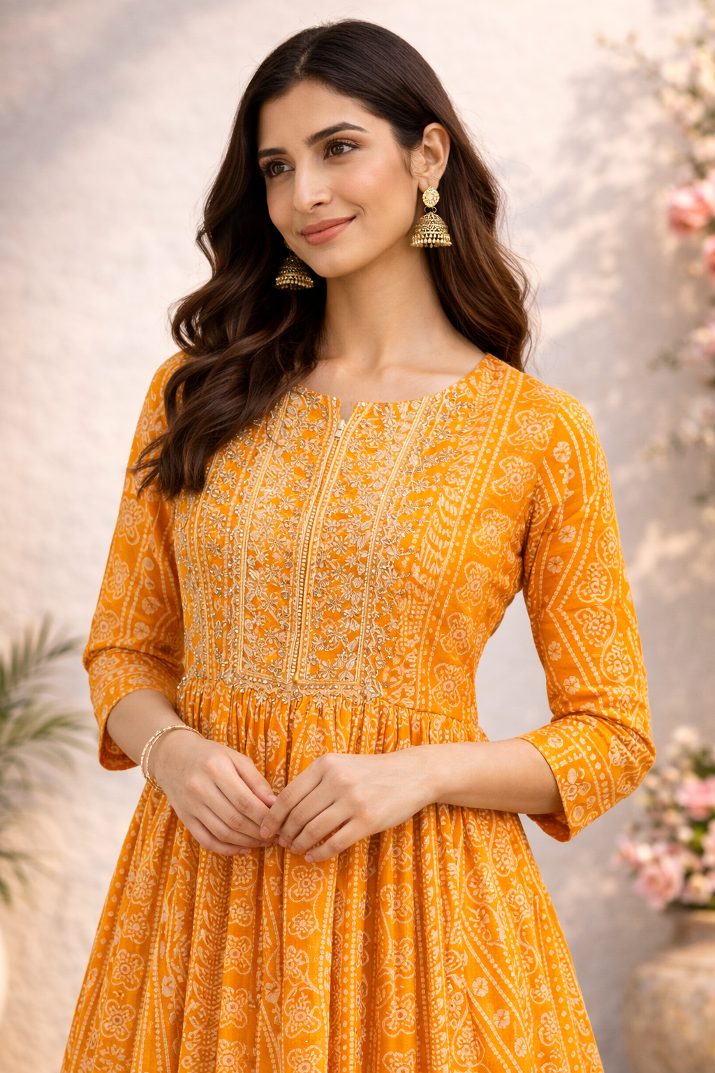 Women Yellow Printed Anarkali Kurta with Pants Set | Ethnic Wear Kurta Set for Women