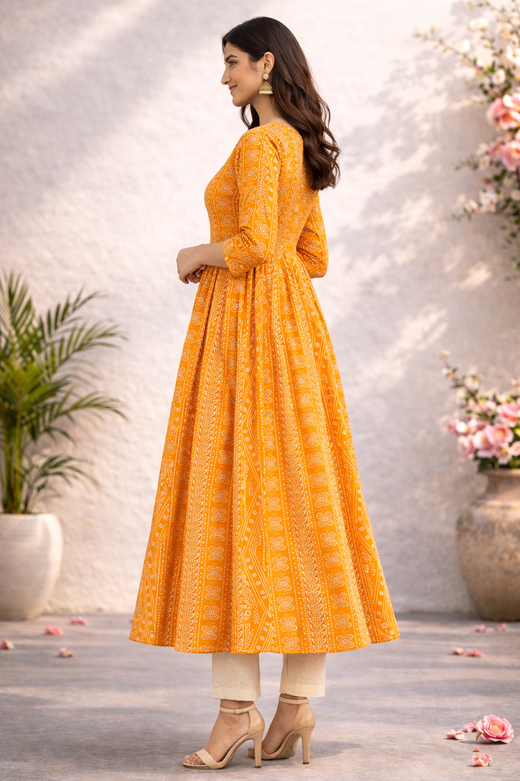 Women Yellow Printed Anarkali Kurta with Pants Set | Ethnic Wear Kurta Set for Women