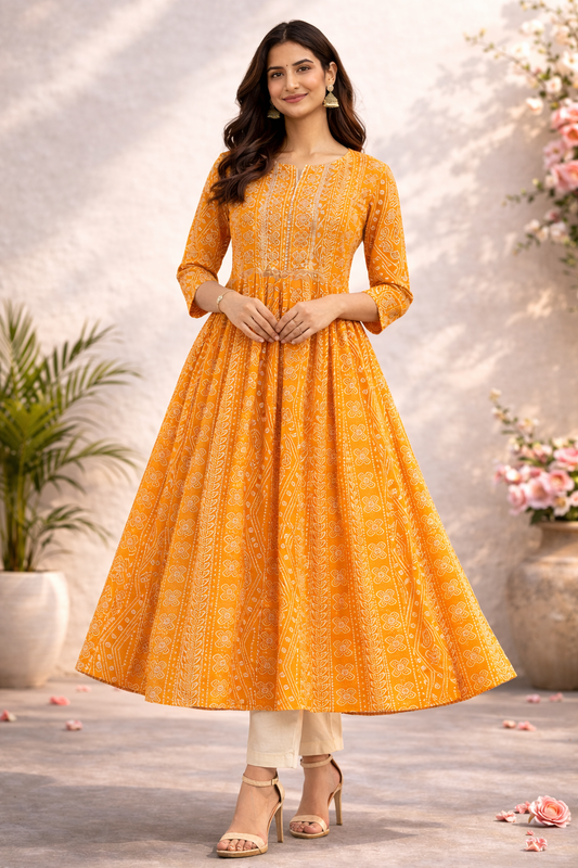 Women Yellow Printed Anarkali Kurta with Pants Set | Ethnic Wear Kurta Set for Women
